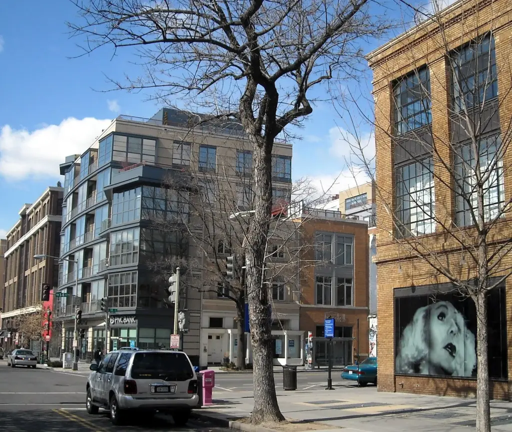 Brick and glass buildings at the corner of 14th and P Streets NW in Logan Circle