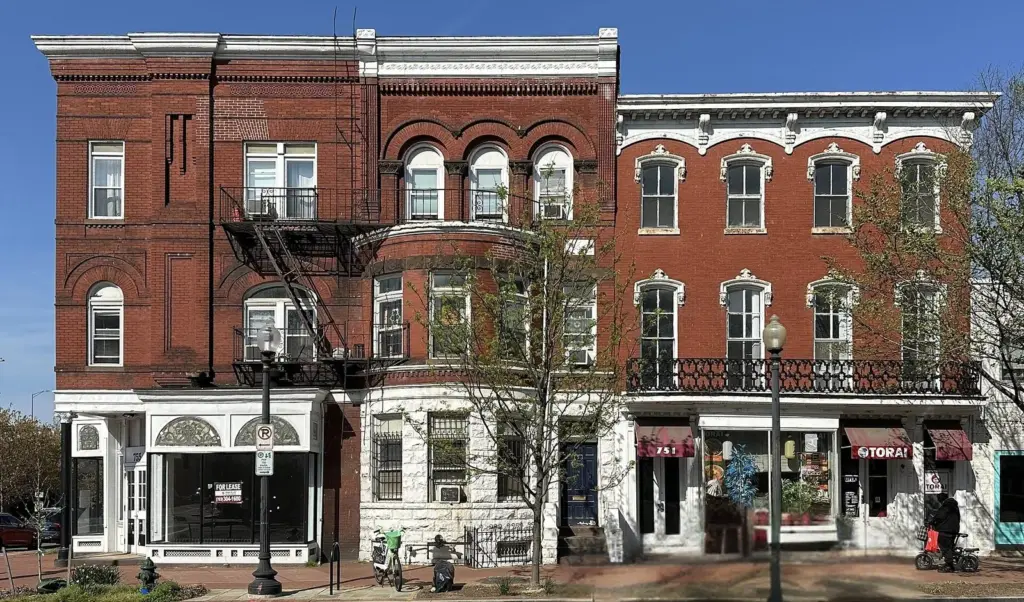 Victorian brick buildings with shopfronts along 8th Street SE on Barracks Row