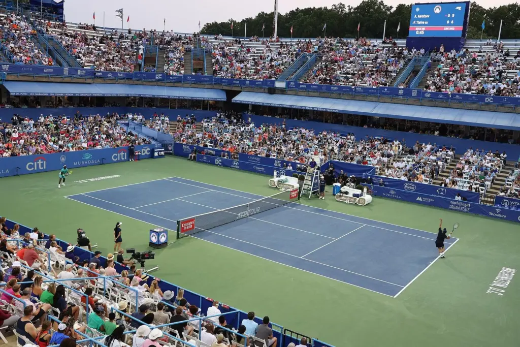 The stadium court at the DC Open in Rock Creek Park with full stands under summer sun