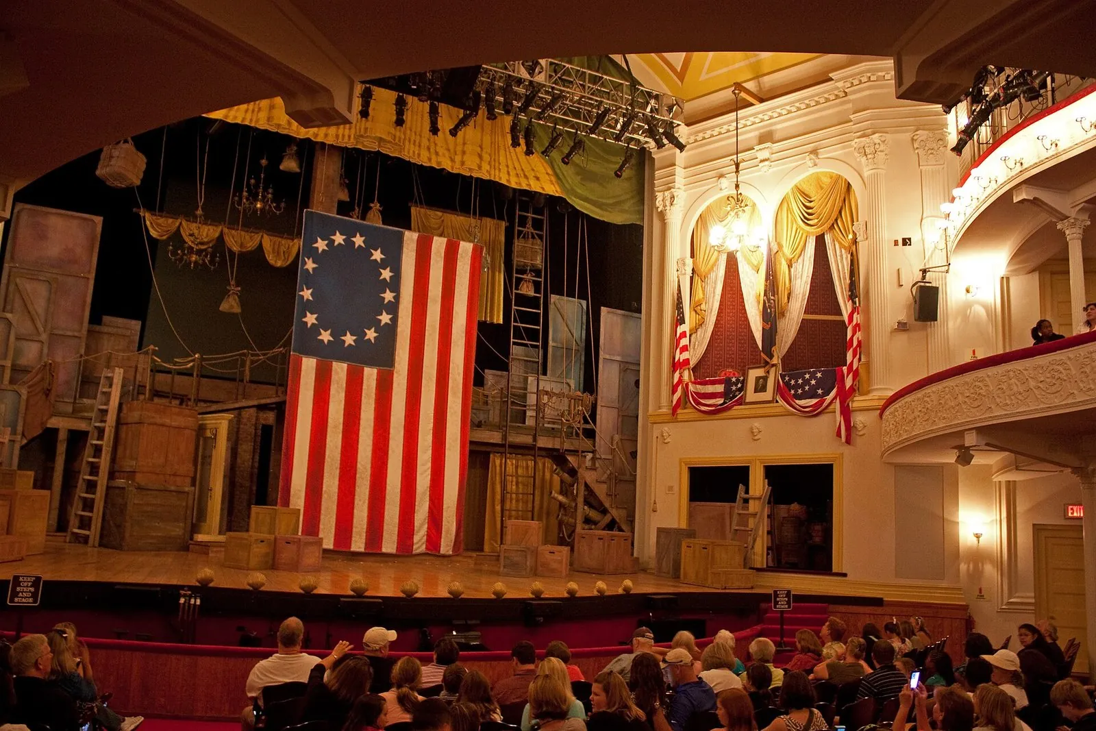 Ford's Theatre's stage and the flag-draped presidential box, one of the working theaters in Washington DC
