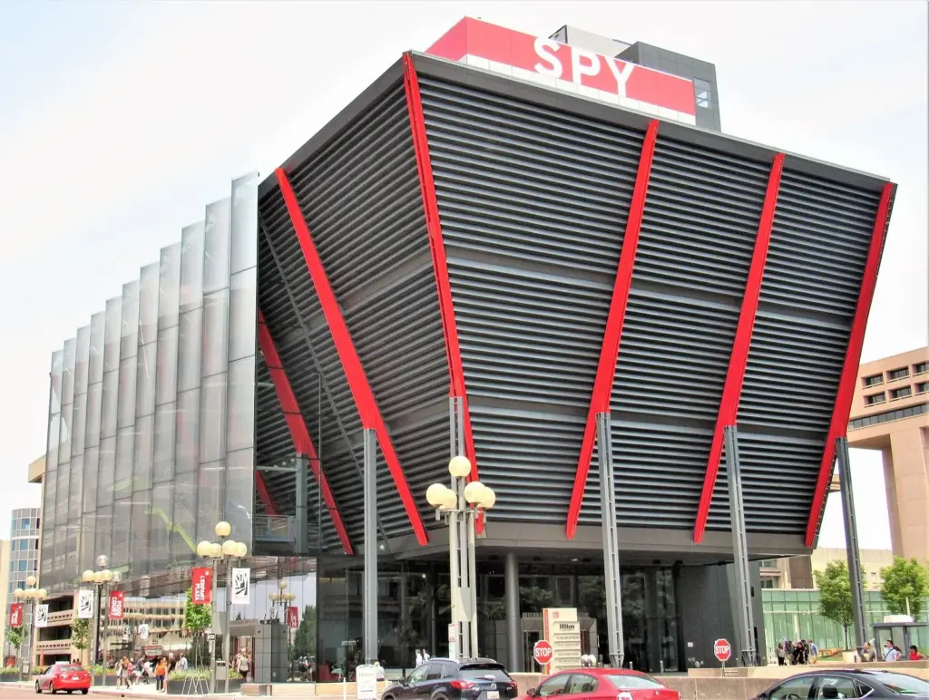 The angular black-and-red International Spy Museum building at L'Enfant Plaza