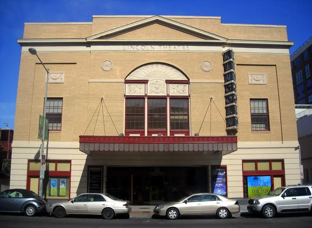 The Lincoln Theatre's brick facade and red marquee on U Street