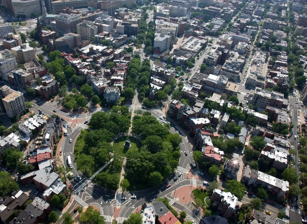 Aerial view of the tree-filled Logan Circle and the rowhouse blocks around it