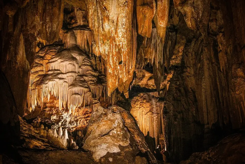Golden-lit stalactites and flowstone formations inside Luray Caverns