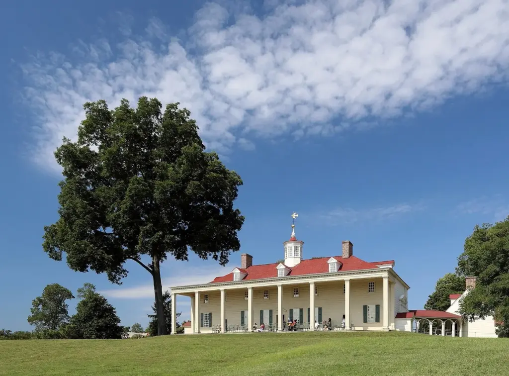 Mount Vernon's white mansion with its long columned piazza and red roof on a green lawn under a large tree