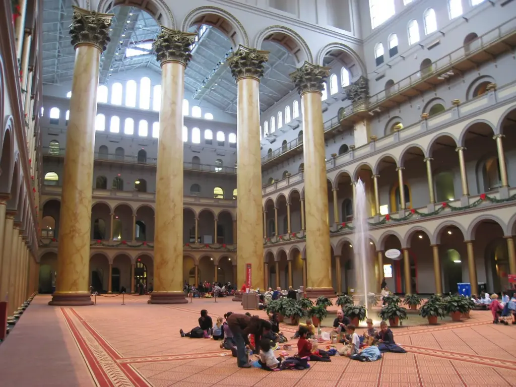 Giant Corinthian columns rising in the Great Hall of the National Building Museum