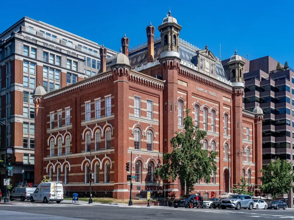 Red-brick Franklin School building, home of Planet Word, on 13th Street NW