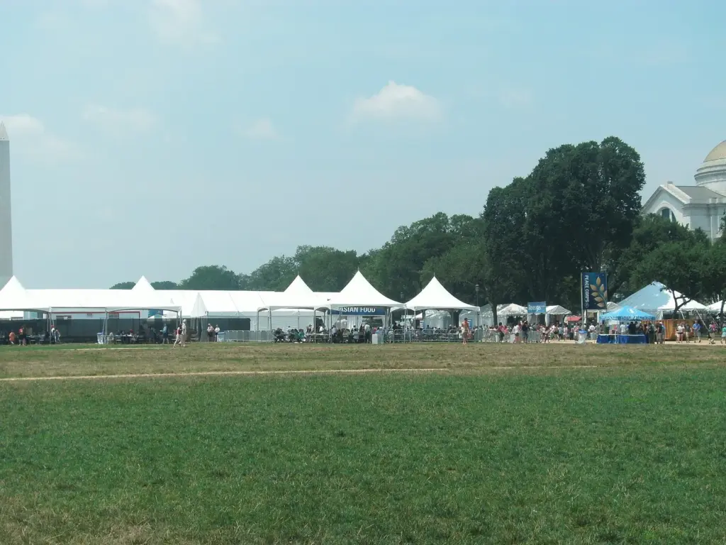 White festival tents lining the National Mall lawn between the Washington Monument and the Natural History museum