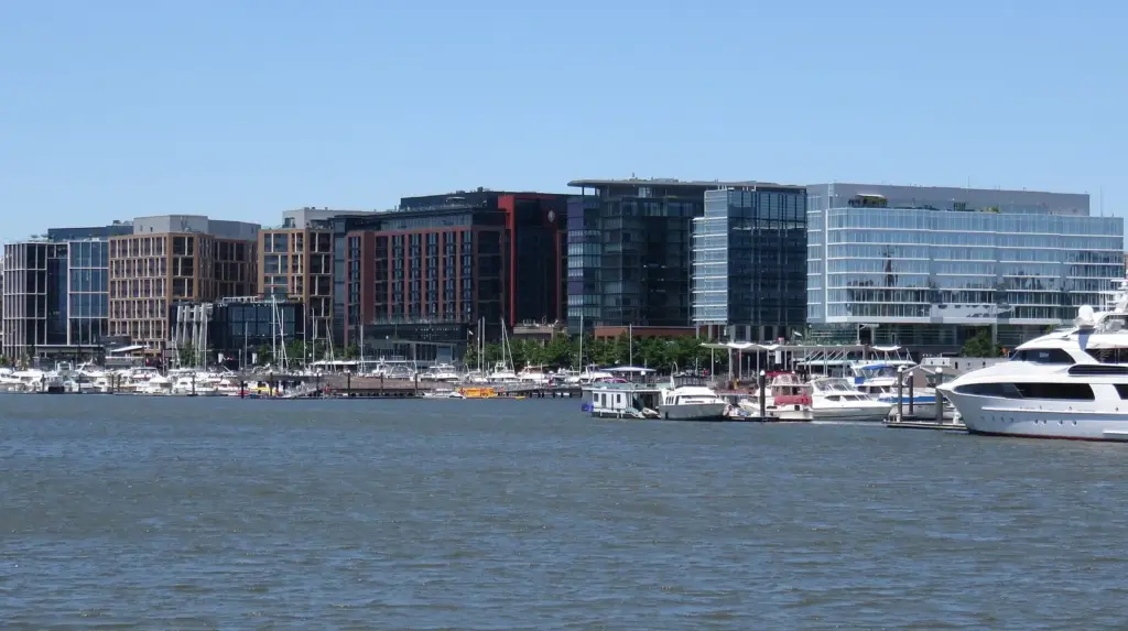 The Wharf's modern waterfront buildings and marina seen from the water of the Washington Channel