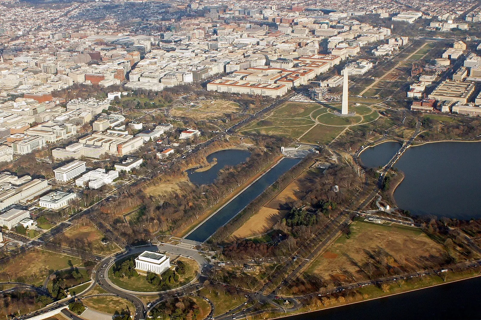 Aerial view of the National Mall running from the Lincoln Memorial past the Washington Monument to the U.S. Capitol, where many of the best things to do in Washington DC are found