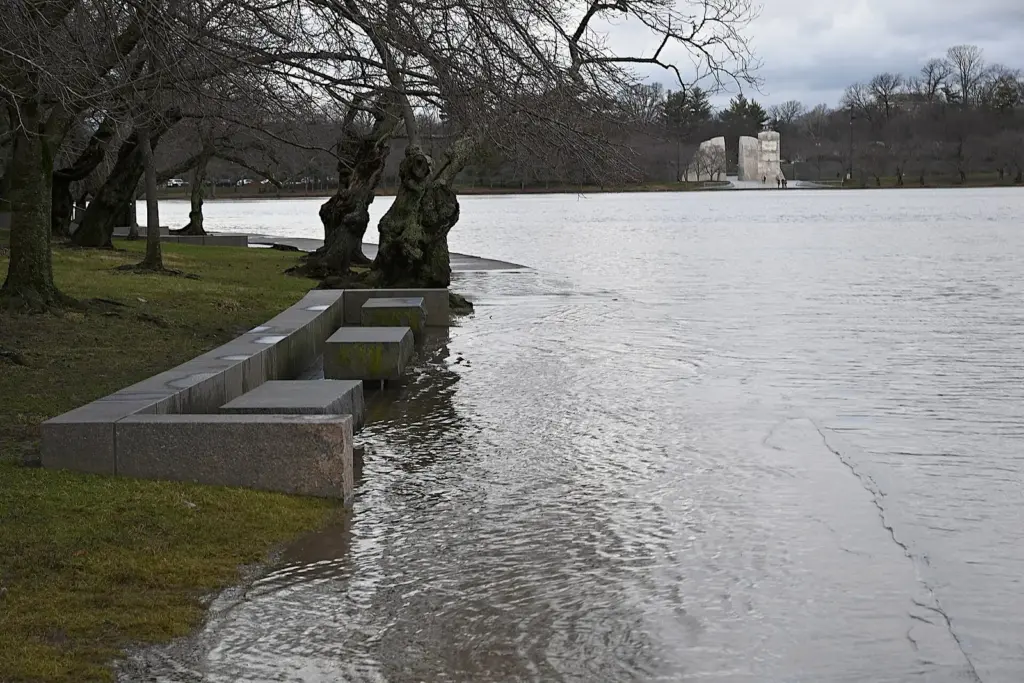 High tide flooding over the old Tidal Basin walkway, with the MLK Memorial in the distance