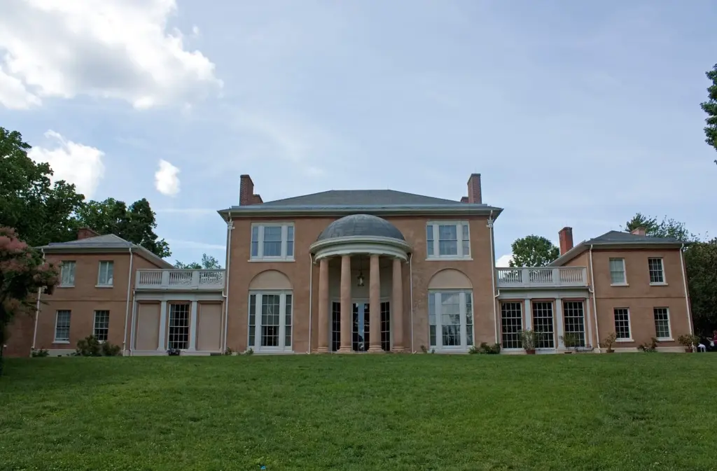 Tudor Place's domed portico and symmetrical wings facing a wide lawn