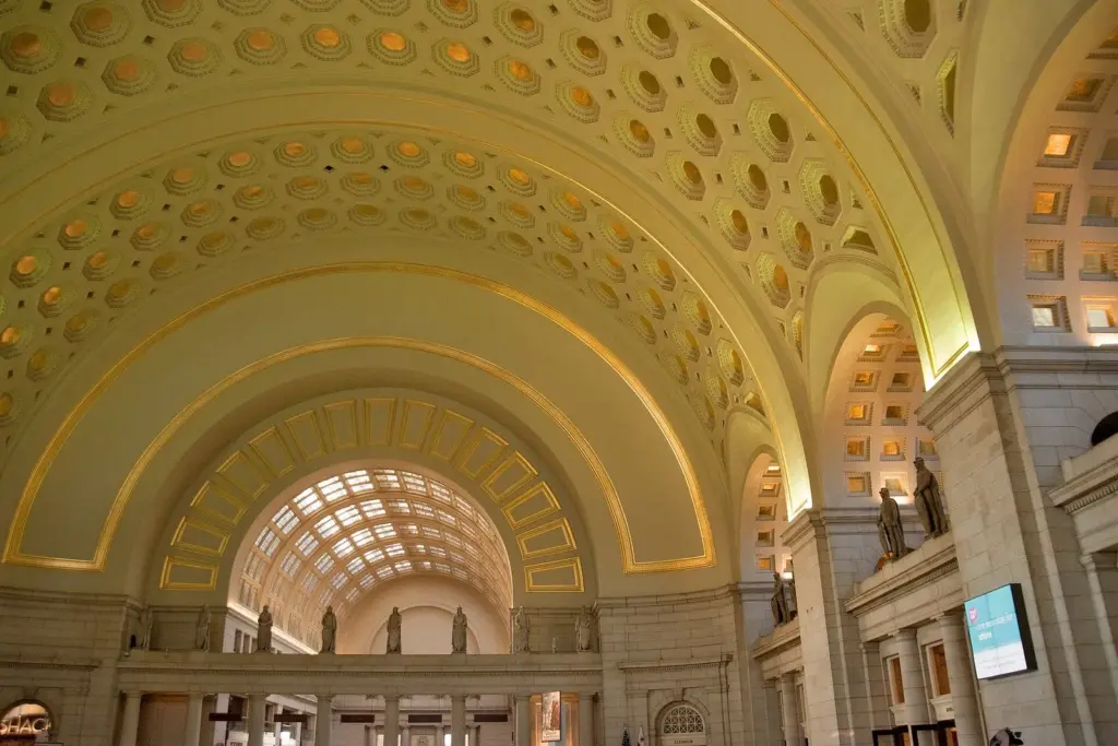 The gilded, coffered barrel vault of Union Station's restored Main Hall