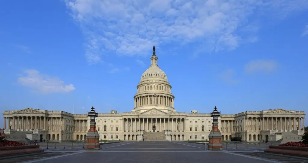 The east front of the U.S. Capitol with its white dome under a clear blue sky