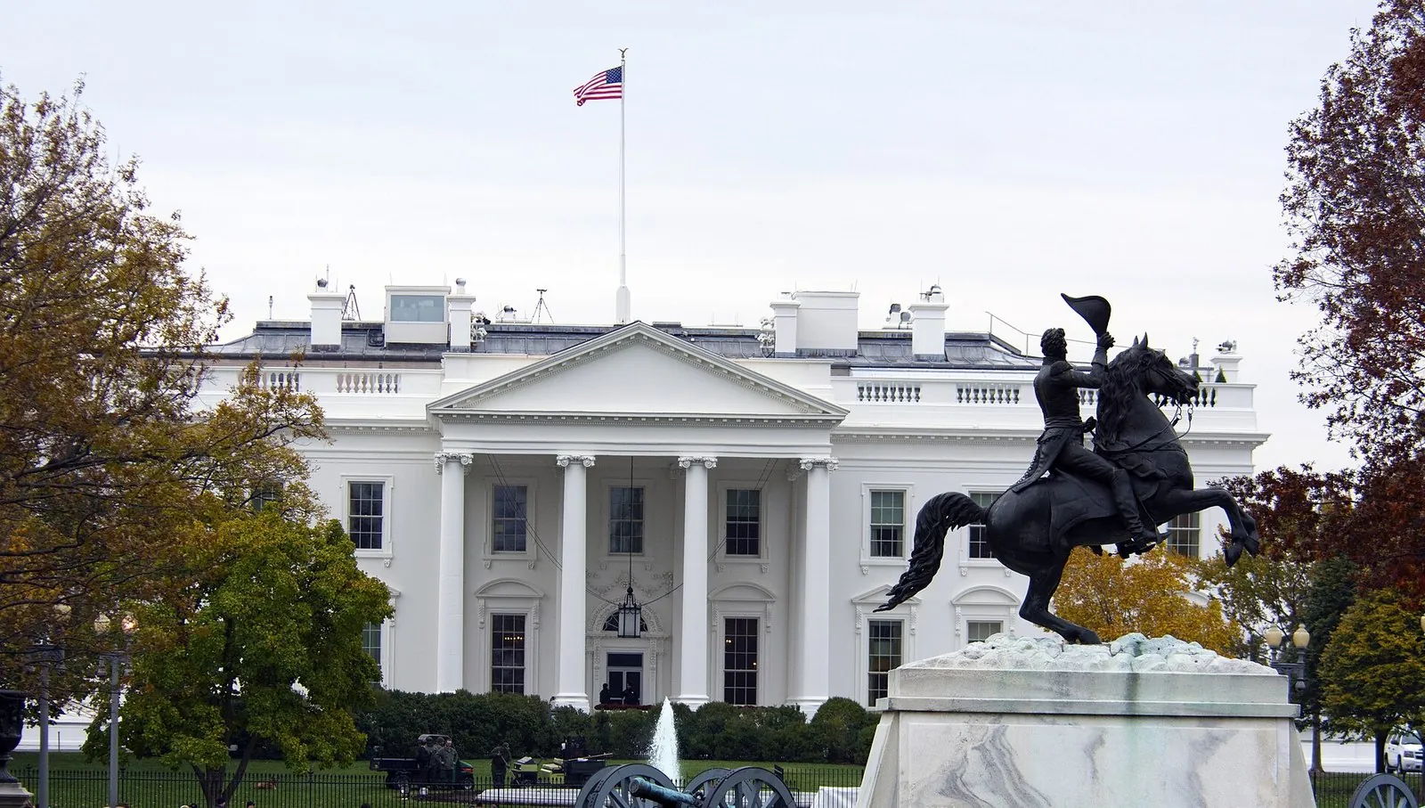 White House tour: the North Portico of the White House seen from Lafayette Square, with the Andrew Jackson equestrian statue