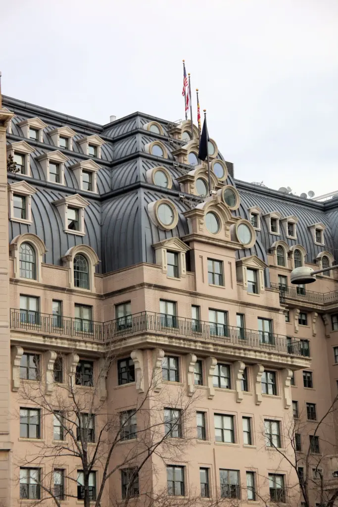 The ornate Beaux-Arts facade and mansard roof of the Willard hotel on Pennsylvania Avenue